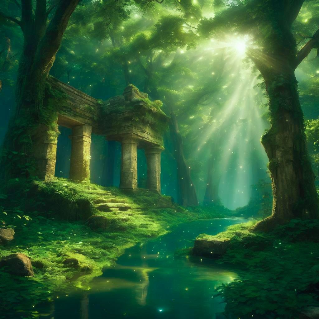 Sunlight beams through a lush forest, illuminating an ancient stone structure and a serene stream.