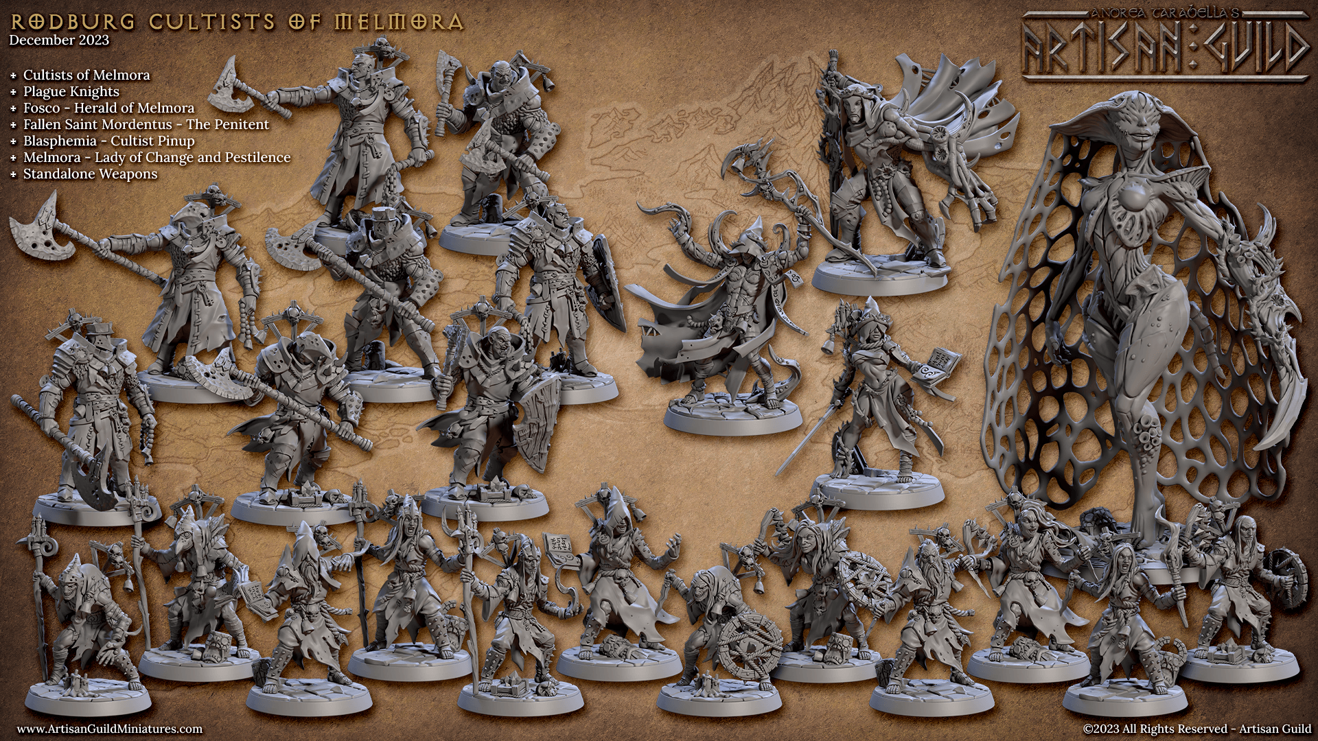 Collection of intricate cultist-themed miniatures displayed on a textured background.