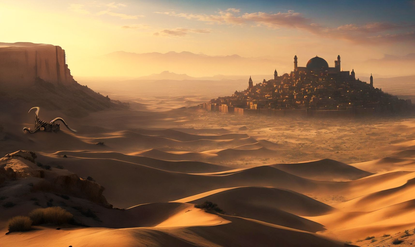 Desert landscape with sand dunes and a distant city under a golden sunset sky.