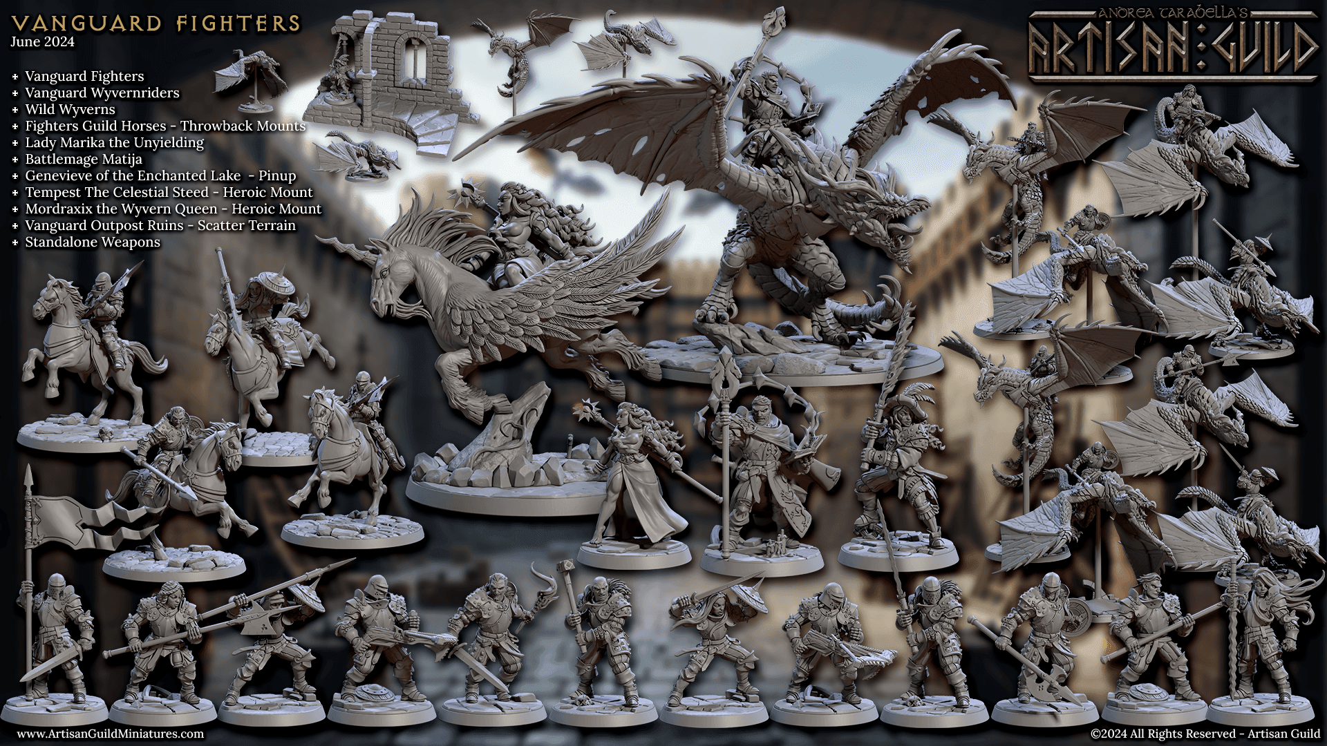 Collection of fantasy miniature figures, including warriors and dragons, labeled Vanguard Fighters June 2024.