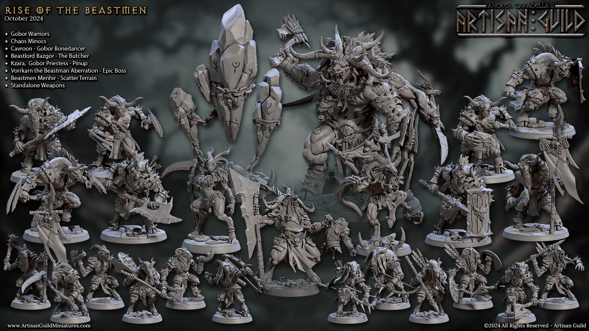 Collection of detailed miniature figures depicting Beastmen warriors and creatures from Artisan Guild.