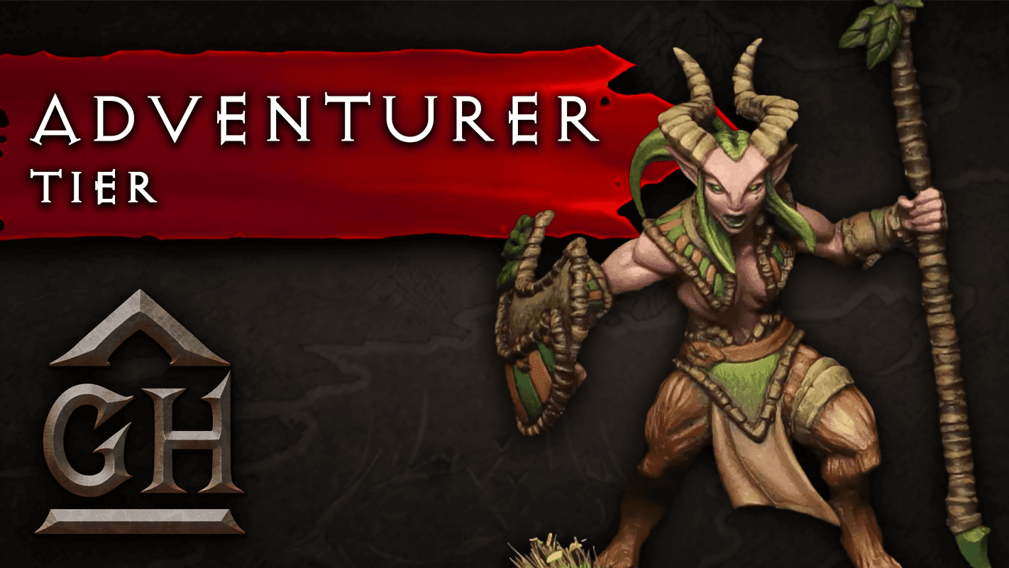 Fantasy creature with horns and staff on dark background labeled 'Adventurer Tier' with GH logo.