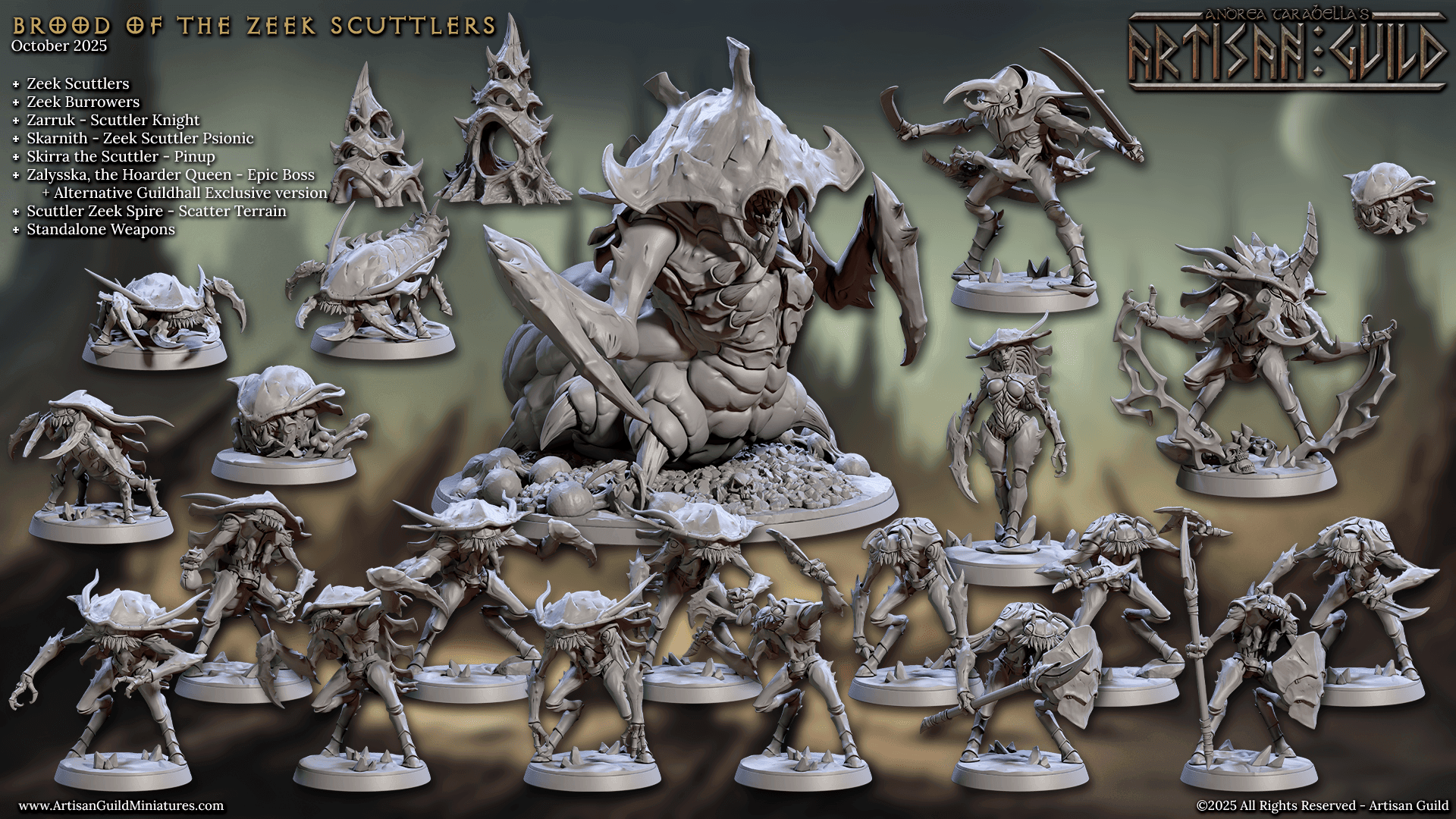 Collection of detailed alien creature miniatures, including various insect-like and humanoid figures with weapons.