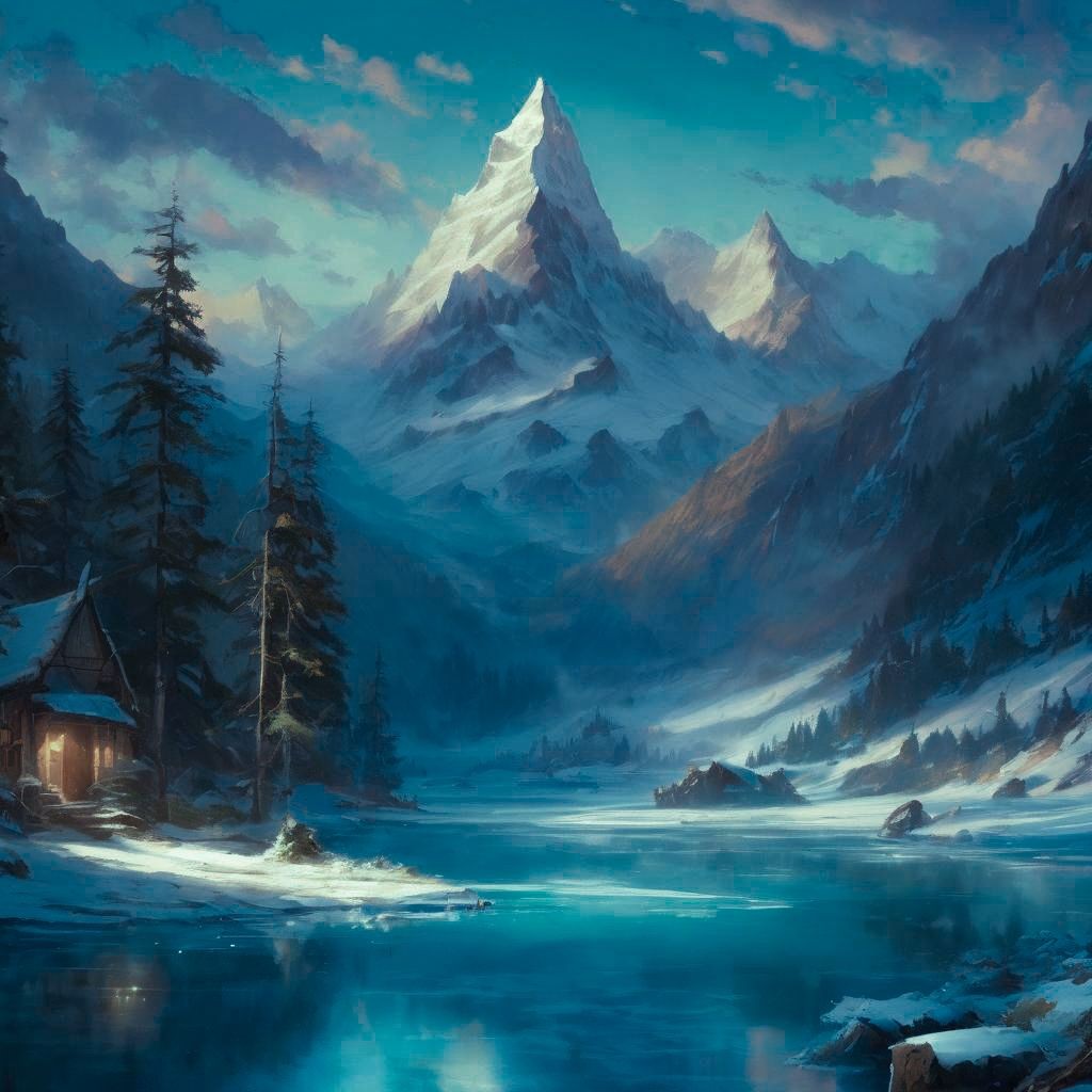 Snow-covered mountains with a serene lake, surrounded by pine trees and a cozy cabin at dusk.