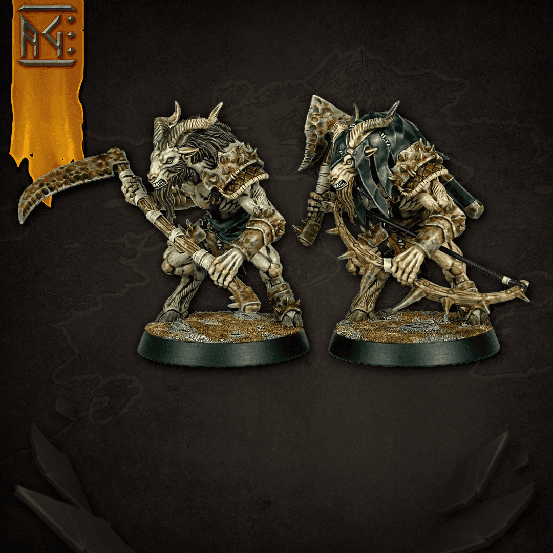 Two painted miniature figures of horned creatures wielding weapons, set against a dark background.