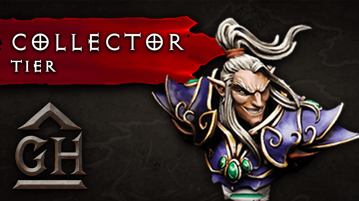 Collector tier promotion with a fantasy character in ornate armor, featuring elaborate designs and green accents.