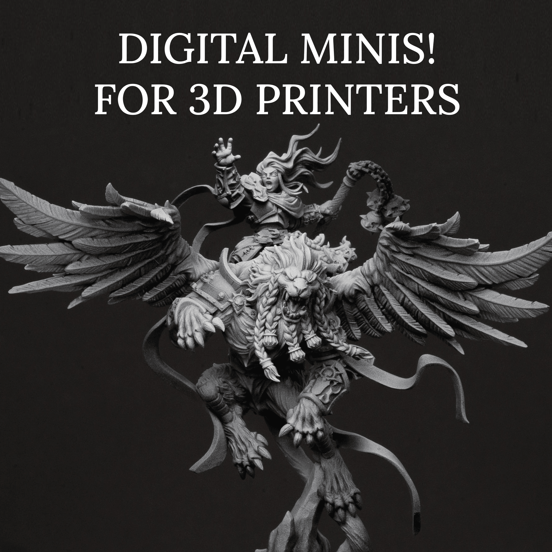 Fantasy miniature figure riding a mythical creature with wings, promoting digital minis for 3D printers.