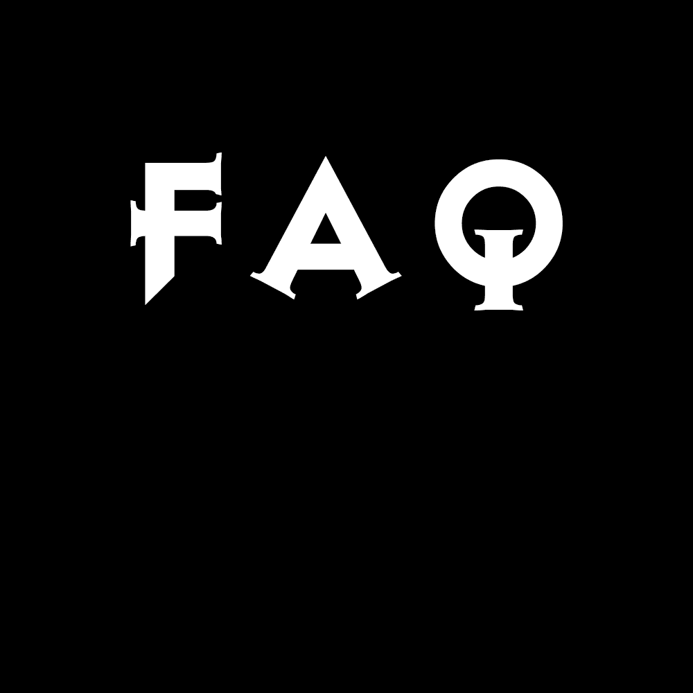 Black background with the word 'FAQ' in bold, stylized white letters.