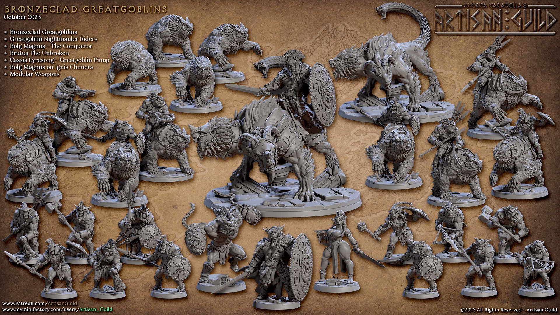 Set of fantasy miniature figures featuring goblins and beasts on a textured background.