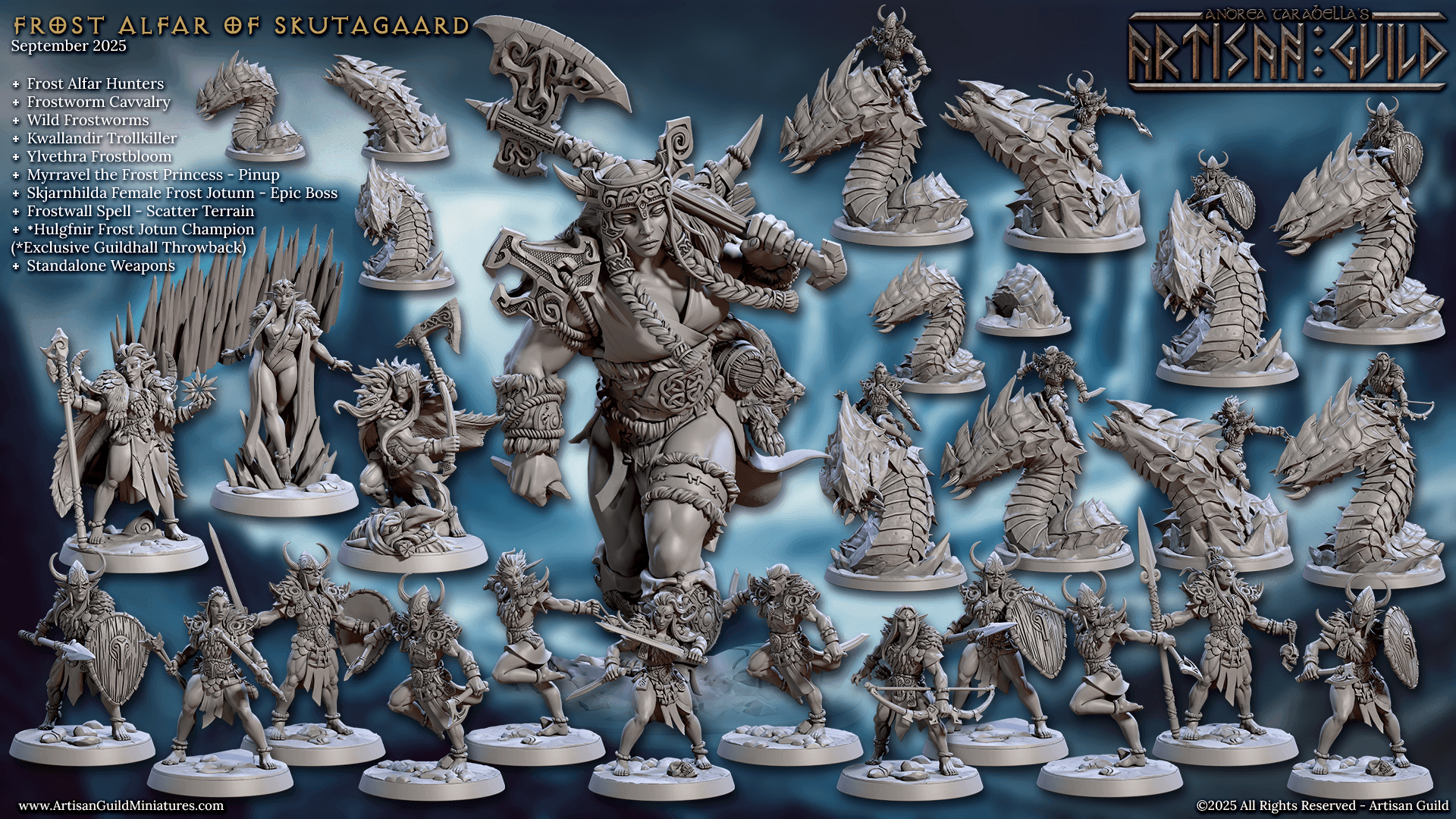 Collection of detailed fantasy miniature figures with warriors and mythical creatures on a blue background.