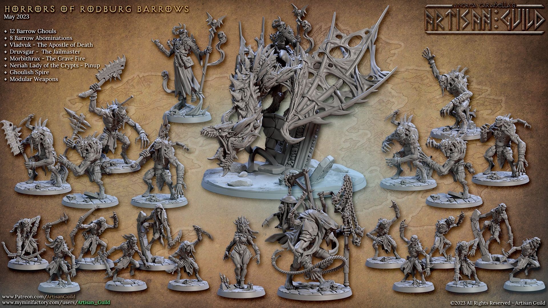 Collection of intricate fantasy miniature figures with various creatures and characters on a textured background.
