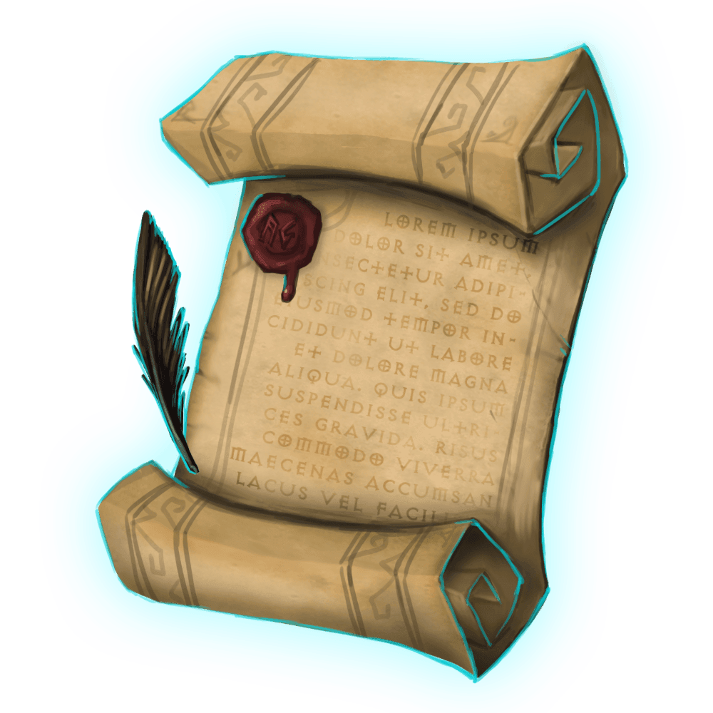Illustrated scroll with quill, wax seal, and decorative text on a blue backdrop.