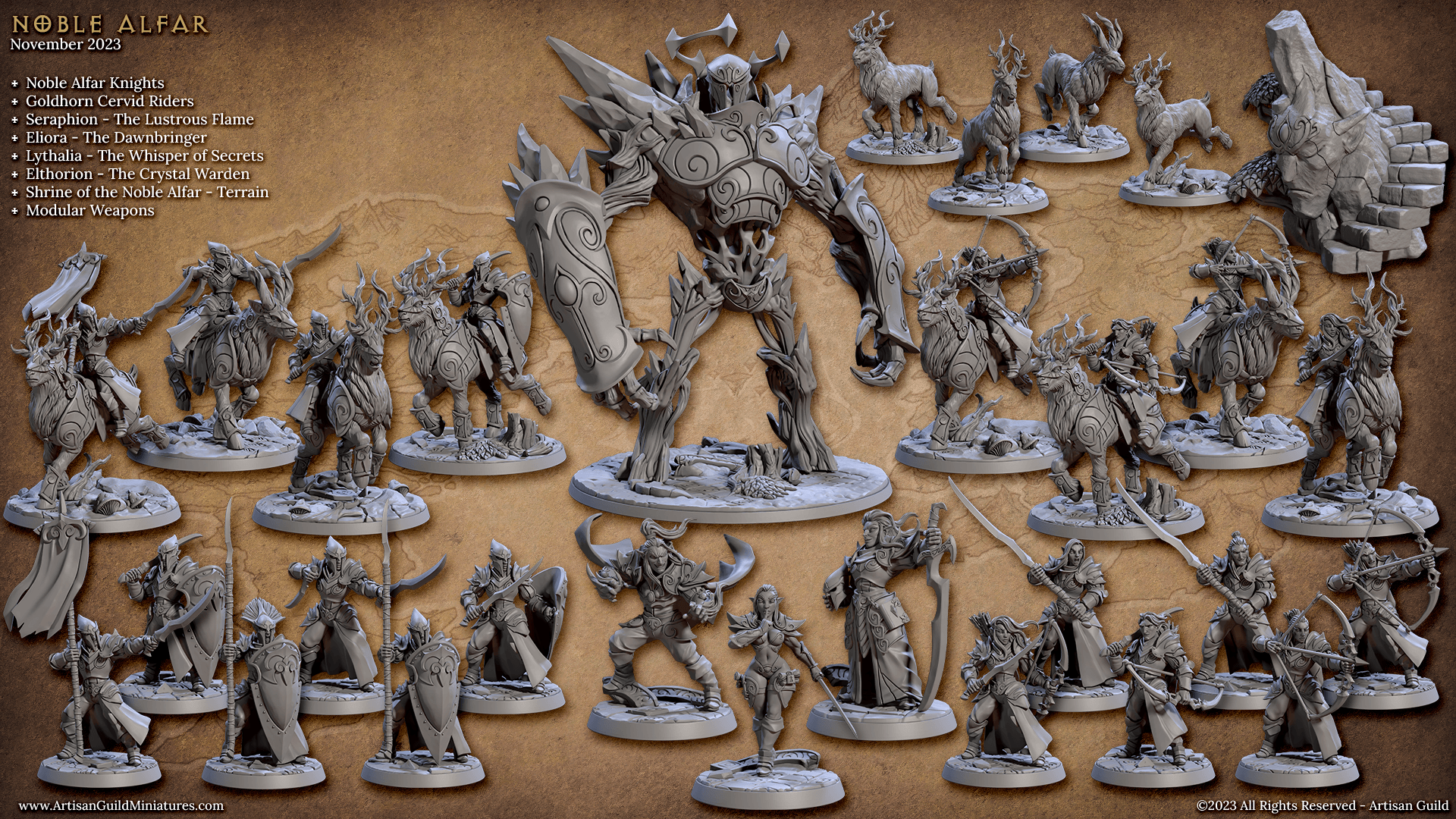 Fantasy miniature figures of armored knights, mystical creatures, and warriors displayed on a textured background.