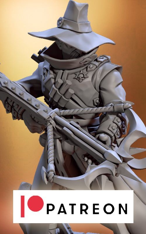 3D model of a cloaked warrior with ornate armor and weapon, featuring a Patreon logo.